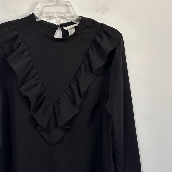 H&M Top Popover 14 Black Ruffle V Neck Bib Long Sleeve Work Party Shirt NEW - Picture 3 of 10